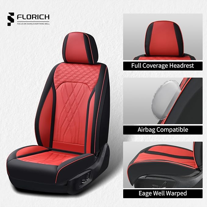 FLORICH Leather Front Seat Covers Red Car Seat Cover Breathable Waterproof Seat Cover for Cars Automotive Seat Covers 2 Front Seats Protector Universal Fit for Most Car Truck SUV, Black&Red - Image 3