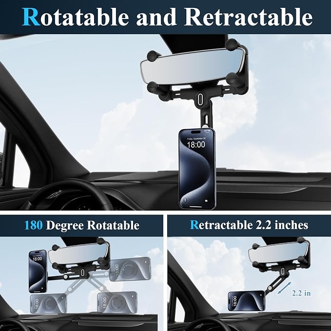 for Magsafe Car Mount, Rear View Mirror Phone Holder, Rotatable and Retractable Phone Holder for Car Compatible with iPhone 17/16/15/14/13/12 Series and Phones with Magsafe Case or Metal Ring - Image 3