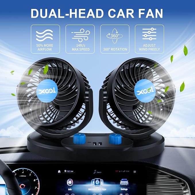 XOOL Car Fan – Car Cooling Fan with 2 USB Charging Ports, Quiet Strong Airflow, Cigarette Lighter Plug, Fan for Car, Vehicles, RVs, and SUVs - Image 2