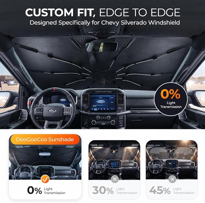 [2026 Upgraded] DooGooCoo Windshield Sun Shade Umbrella for Chevy Silverado [100% Sunlight Blocked, Cooling Ice Crystal] Sunshade for Car Windshield for Silverado Sun Shade 2019-2026. - Image 5