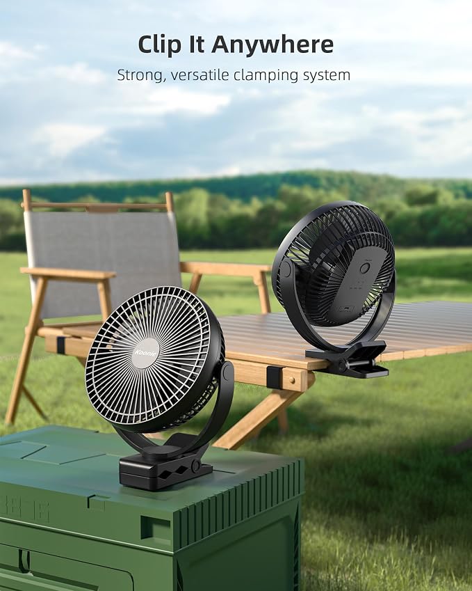 Koonie 8" Clip on Fan, 10000mAh Rechargeable Battery, Strong Airflow | 4 Speeds, Sturdy Clamp, Ideal Portable USB Desk Fan for Office, Golf Cart, Camping, Travel, Tent, Outdoor, Treadmill & Gym - Image 3