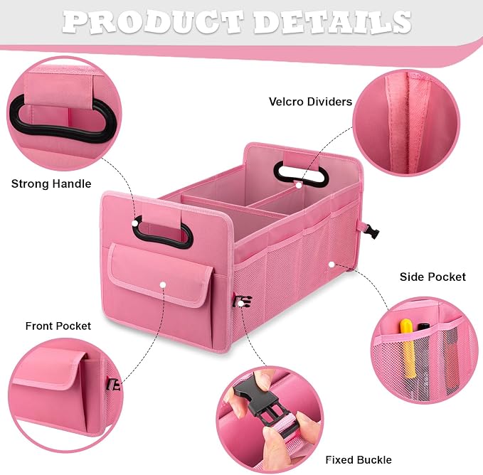 Car Trunk Organizer, Collapsible Car Organizers and Storage Large Pink | Sturdy, Strong Capacity, Clean Decor, Multi Compartment Container Box, Adjustable Car Accessories for SUV Sedan Truck - Image 7