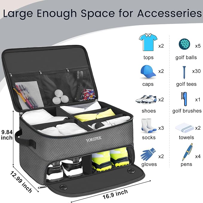 YOREPEK Golf Gifts for Men, 2 Layer Golf Trunk Organizer for 2 Pair Shoes | Waterproof Car Trunk Locker with Separate Ventilated Compartment for Balls, Tees, Clothes, Gloves, Birthday Gifts for Golfers - Image 5