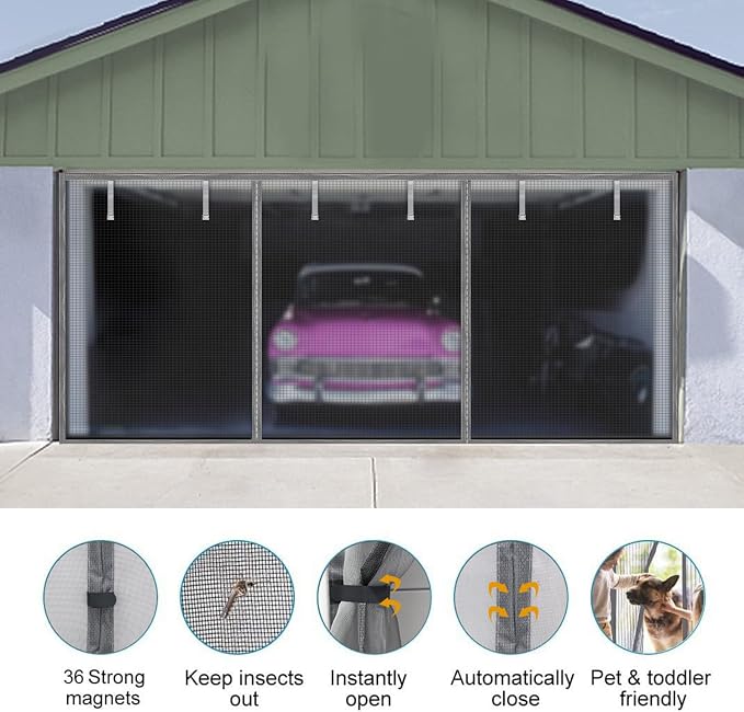 Garage Door Screen for 2 Car Garage, Sunmoxia 16x7Ft Magnetic Heavy Duty Garage Door Curtain with 6 Strapping Tapes - Durable Breathable Anti-Tear Mesh Patio Porch Privacy Curtain (Silver) - Image 2