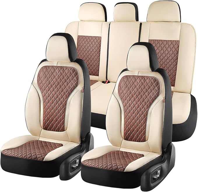 Coverado Car Seat Covers Full Set, Beige Brown Car Seat Covers, Luxury Diamond Leather Car Seat Cover with Carbon Fiber Weave, Spill-Proof Seat Cushions, Automotive Seat Cover Universal Fit Most Cars by COVERADOAUTO