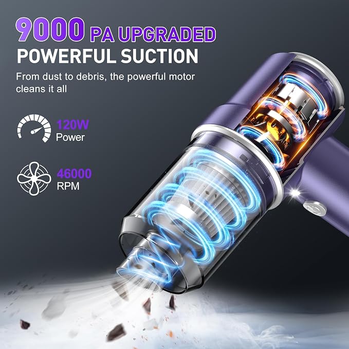 KMM Handheld Car Vacuum Cleaner, Hand Held Vacuum Cleaner & Air Duster | 9000PA Strong Suction, 120W High Power, Portable, Cordless, Rechargeable, Multi-Nozzles & LED Light, For Home, Car, Office - Image 3