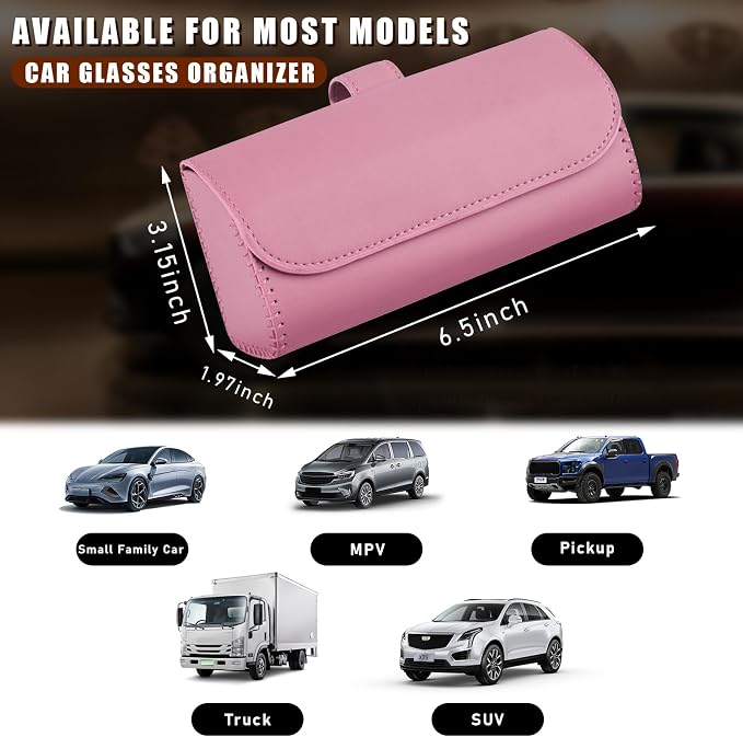 Augeny Sunglasses Holder for Car Sun Visor, Leather Auto Eyeglasses Storage Case with Hidden Magnetic Closure, Protective Glasses Organizer Box, Vehicle Visor Accessories for Woman Man (Pink) - Image 2