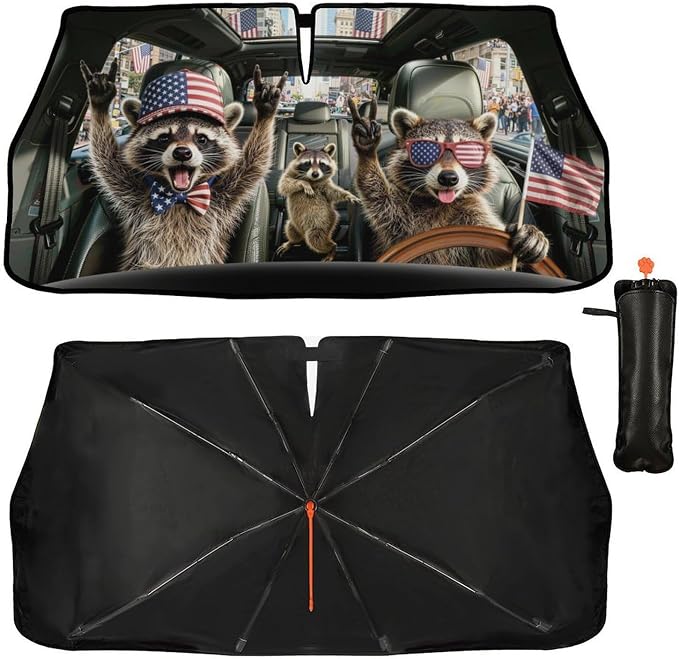 Socira Funny Rocking Raccoon Car Windshield Sun Shade Umbrella Foldable | Rock Racoons Sunshade for Front Window Auto Windshield Sunshade Covers Car Accessories Gifts Protect from Sun Rays Heat - Image 9