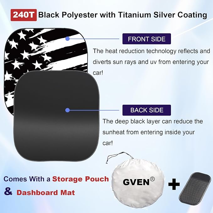 Gven Windshield Sun Shade for Car 2-Piece Foldable Sunshade for Front Windows, Blocks UV Rays, Automotive Interior Sun Protection Car Summer Accessories（US Flag,M） - Image 3