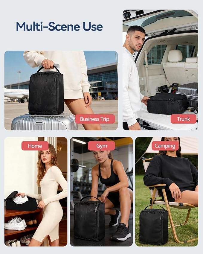 Gloppie Shoe Bags for Travel - Portable Shoes Storage Bag, Shoe Pouch, Shoe Packing Cubes for Men Women - Black | 12 x 9 x 5 in travel shoe bag with a full-opening zipper, carry handle, and fold-flat design for shoes up to US size 10 - Image 6