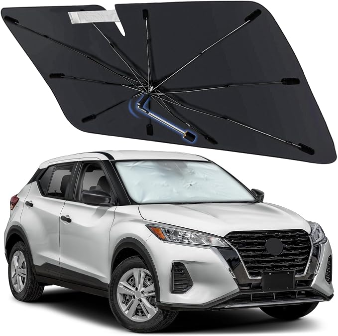 Windshield Sun Shade Umbrella for Nissan Kicks 2018-2024, Foldable Front Window Sunshade with 360° Rotating Shaft, Custom Fit Car Shades for Kicks Accessories with UV & Heat Protection by Visufy