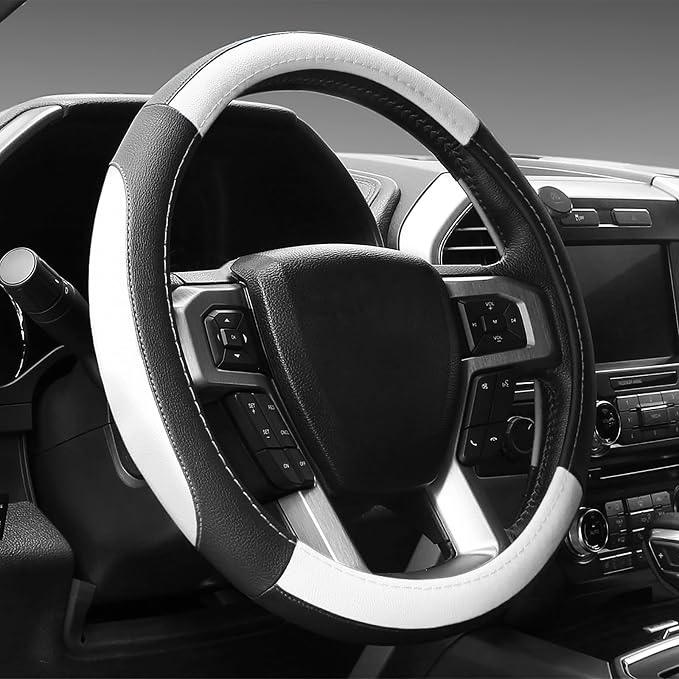 SEG Direct Steering Wheel Cover 14.5-15 inch Car Auto Interior Accessories | Universal Medium Standard Size 37-39cm for Car Truck SUV, Microfiber Leather, Anti-Slip Comfortable Grip, Black and White - Image 8