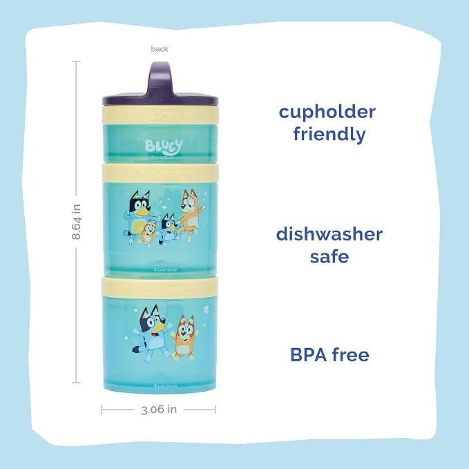 Whiskware Bluey Stackable Snack Containers for Babies, Toddlers, and Kids, 3 Stackable Snack Cups for School and Travel, Cupholder Friendly, Bluey, Bingo, Bandit Heeler, and Chilli, Dance Mode! - Image 2