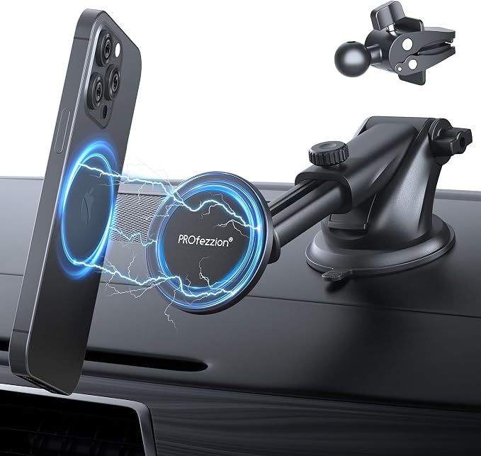 PROfezzion Car Windshield Magnetic Phone Mount Holder for MagSafe iPhones | Telescopic Arm, on Car Windshield Dash or Vent, Length & Angle Adjustment, for iPhone 17 16 15 14 13 Pro Max & All Phones by PROfezzion