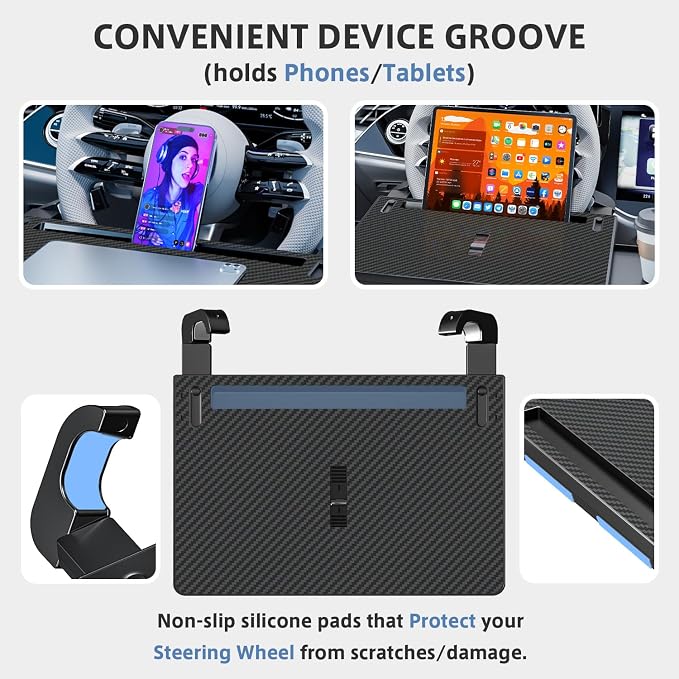 Steering Wheel Tray, Car Food Tray, Car Desk for Laptop, Carbon Fiber Look Multipurpose Car Table for Eating & Work, Adjustable Car Tray with Drawer and Anti-Slip Protective Adhesive - Image 6