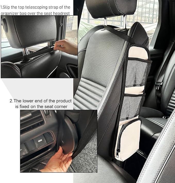 Car Seat Side Storage Pocket, Car Multifunctional Seat Organizer Hanging Bag, Auto Mobile Phone Wallet Sunglasses Mesh Net Pocket, Auto Accessories for Cars SUVs Trucks (Beige, 2PCS) - Image 6