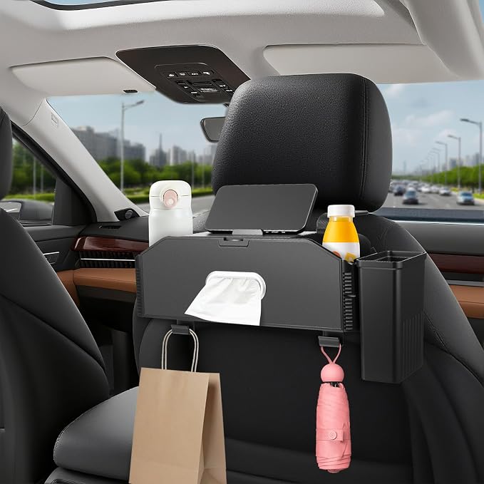 7-In-1 Car Seat Back Organizer with Cup Holders, Tissue Box, Removable Trash Can & Hooks, Multifunctional Car Seat Back Storage Box, Extra Headrest Cup Holder for Backseat (Black02) - Image 2