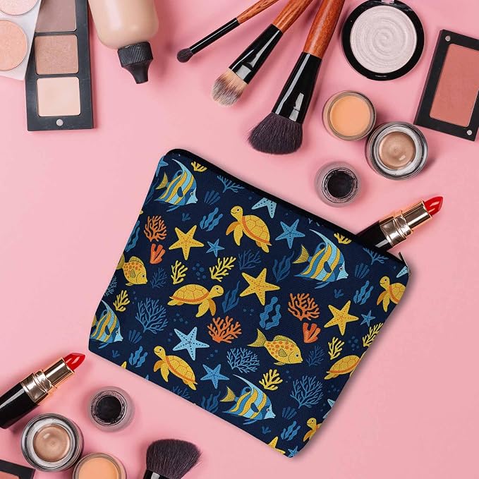 Sea Animal Makeup Bags Makeup Organizer, Ocean Sea Turtle Starfish Seaweed Flax Toiletry Bags Travel Cosmetic Bag Makeup Purse Pouch Skincare Bag Wallet Bags For Women Female Mom Daughter - Image 3