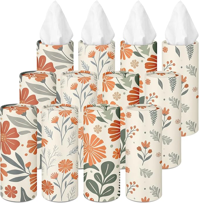Arttown Car Tissue Holder for Cup Holder Facial Tissues 12 Pack Boho Floral | Bulk 3-Ply,Refillable Marble Print Cylinder Tissue Boxes,Fit Car Home Office School (600 Sheets Total,50 Sheets Each) by Arttown