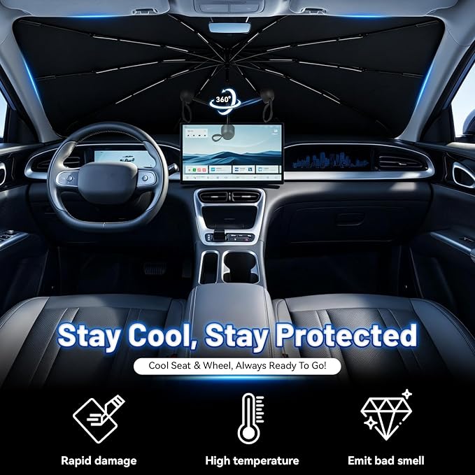 Foldable Car Windshield Sun Shade Umbrella with Rearview Mirror Notch, Titanium Silver UV Blocker for Heat Reduction, Bendable Handle & Anti-Scratch Tips, Fits Sedan Compact SUV (Medium 54"x31") - Image 4