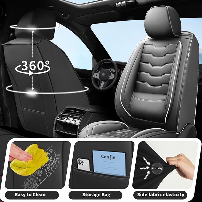 Fit Murano Car Seat Covers Premium Leather for Nissan Murano 2007-2025 2026. Waterproof， Breathable, Scratch-Resistant & All-Weather Seat Cushion Protector（2 Front Seats,White Line Black - Image 4