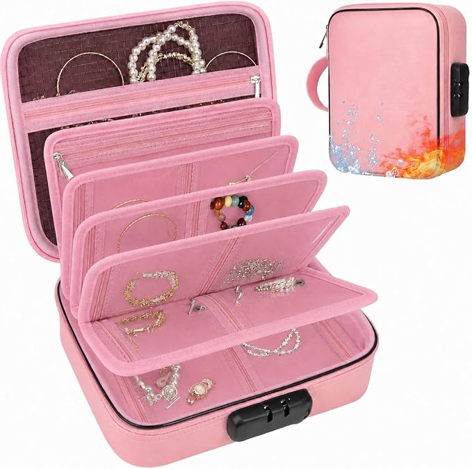 Fireproof Travel Jewelry Organizer Case with Lock & 6 Binder Pages | Silicone-Coated Fiberglass, Tangle-Reducing Layout Clear Storage Book for Necklaces Earrings Rings Bracelets-Bag Only Pink by Unknown