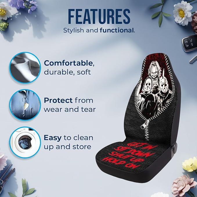 GENANY Masked Horror Group Car Seat Covers, 2-Piece Front Seat Set | 2-piece polyester front seat cover set, each 35 x 21 x 21 inches, with adjustable straps and hooks - Image 6