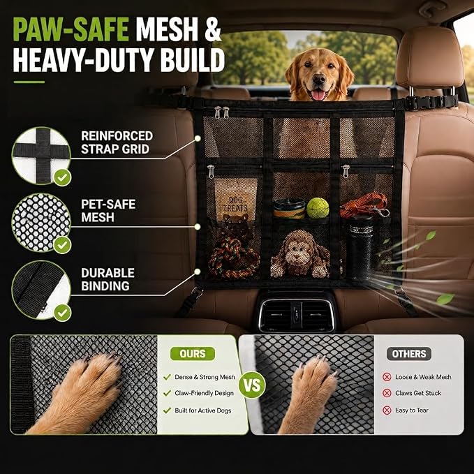 Dog Car Barrier 2026 Upgrade, Double Layer Mesh Dog Net for Car Divider with Storage Organizer, Universal Fit for SUVs, Sedans & Trucks, Easy to Install & Breathable Vehicle Travel Fence - Image 4