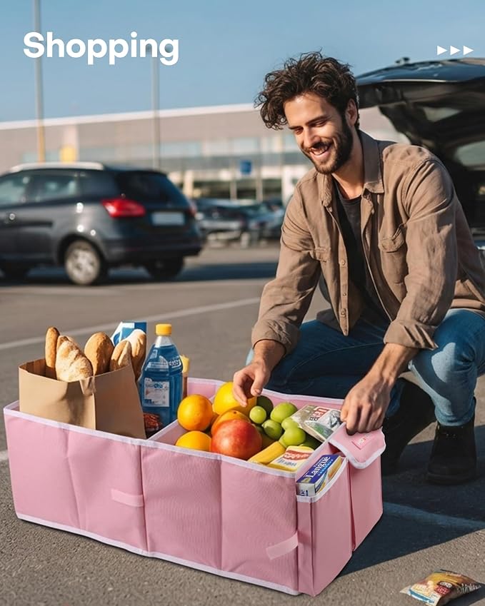 HOTOR Trunk Organizer - Foldable Car Organizer for SUVs & Sedans Storage | Sturdy Car Organization for Men & Women, Car Accessories, Tools, Sundries, Pink, 2 Compartments, 23.6" x 14.2" x 10.6" - Image 8