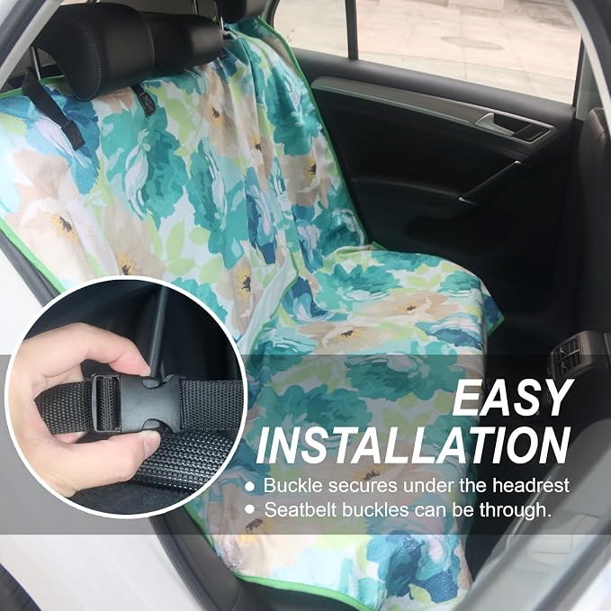 Sweat Towel Car Seat Cover Protector Front Seats for Gym Workout, Running, Swimming, Beach and Hiking, Waterproof Universal Seat Cover for Car, Trucks, Van & SUV (1, Cyan Flower, Rear Seat) - Image 5