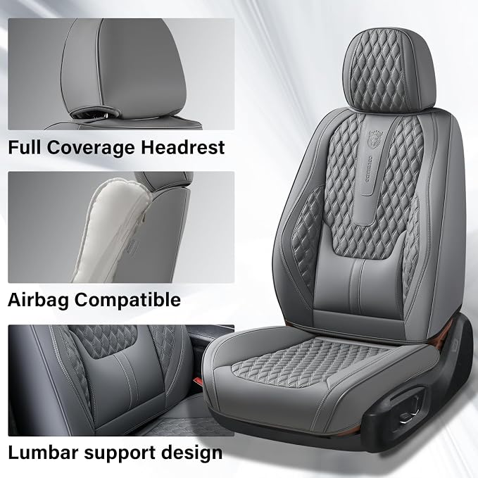 Coverado Front Seat Covers, Car Seat Cover, Leather Seat Covers for Car, Automotive Seat Covers Protector with Lumbar Support Universal Fit for Most Sedans SUV Pick-up Truck(Gray) - Image 3