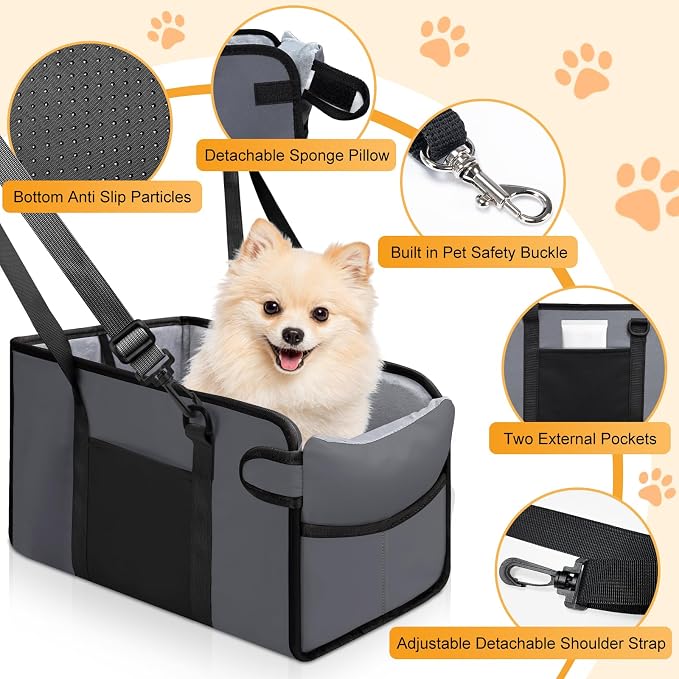 Portable Dog Car Seat for Small Dogs, Puppy Car Seat, Grey | Booster Seat With Safety Leash & Adjustable Straps Keeps Small Dogs Secure. Removable Washable Cushion. Fits Most Cars. - Image 3