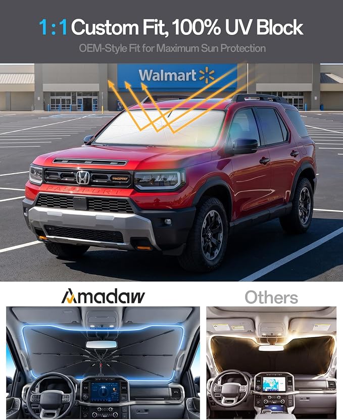 Windshield Sun Shade for Honda Passport 2000–2026, Foldable Umbrella Sunshade with 100% UV Block, Multi-Layer Heat Insulation, Reinforced 10-Rib Frame, Keeps Car Cooler, Summer Car Accessory - Image 3