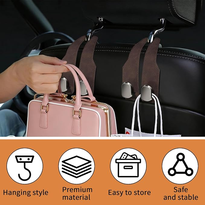 2 Pack Car Seat Headrest Hooks for Purses and Bags, Car Purse Holder With Double Metal Hooks, Headrest Back Seat Handbags Hook, Universal Car Purse Hanger, Cute Car Hanging Accessories, Brown - Image 6