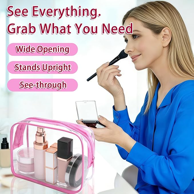 12 Pieces Clear Makeup Bags Bulk, TSA Approved Toiletry Bag Cosmetic Toiletries Pouch with Zipper, Waterproof Vinyl Plastic Organizer Case for Carry-on Travel Essentials (Pink Medium) - Image 7