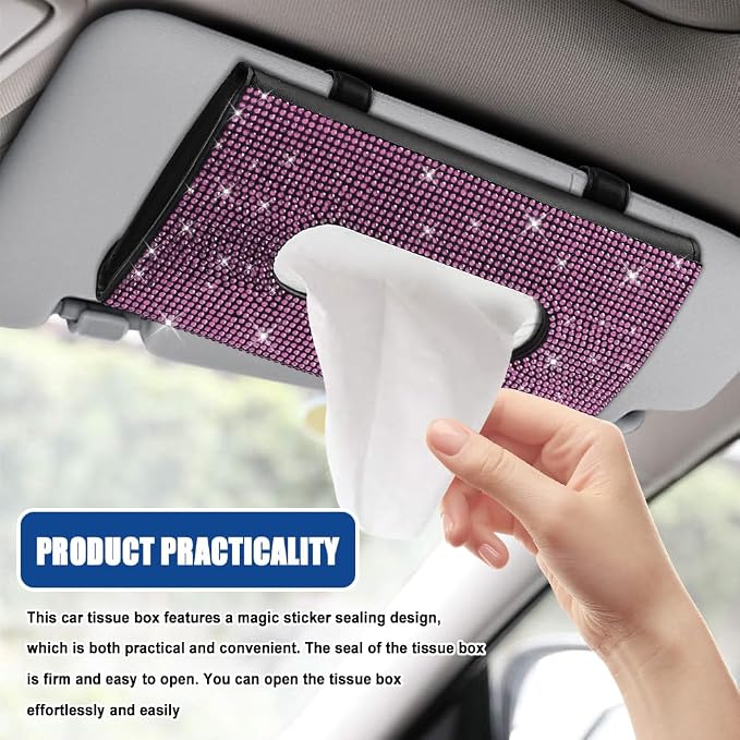 Bling Car Sun Visor Tissue Box Holder, Visor Accessories, Rhinestone PU Leather Crystal Sparkling Napkin Holder, Auto Sun Visor Paper Towel Cover Case Accessories for Most Cars (Pink) - Image 4