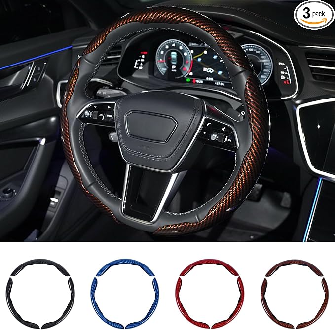 Hiseanllo Carbon Fiber Steering Wheel Cover 3PCS Set – Anti-Slip, Scratch-Resistant, Universal Fit for 14–16 Inch Wheels – Interior Car Accessories for Cars, SUVs, Trucks (Brown) by HiseanlloTech