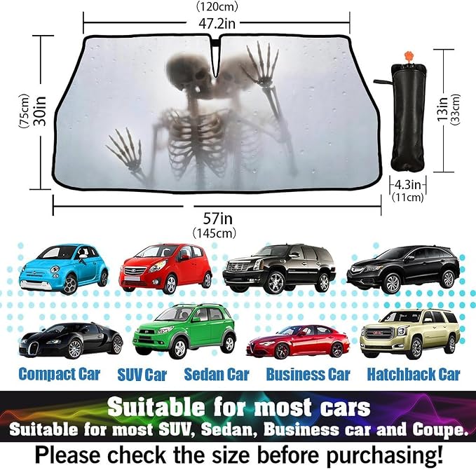 Skull Skeleton Car Windshield Sun Shade Umbrella Bendable Handle Foldable Funny Skull Sunshade for Car Windshield Block UV Rays Keep Vehicle Cool for Most Sedans SUV Trucks Cars 57"x30" - Image 5