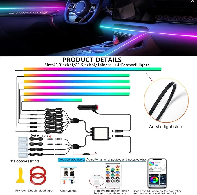Interior Car LED Strip Lights,Acrylic LED Lights for Car with Dynamic Dreamcolor Chasing,175 inches 10 in 1 RGB Neon Strip Fiber Optic Ambient Lighting Kits with Remote APP,for Inside car Decorations - Image 8