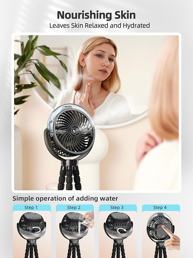 Misting Stroller Fan, 6000mAh Battery Operated Portable Fan with Light & 360° Pivoting, Personal Fans with Flexible Tripod for Baby, Office, Travel,Treadmill,Outdoors - Image 5