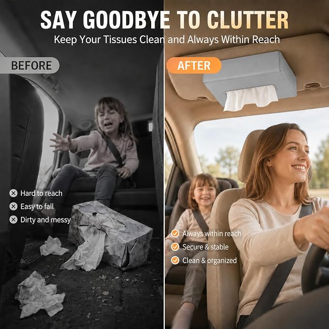Car Tissue Holder with Magnetic & Strap Mount, Gray, 1 Pack | PU Faux Leather, For Sun Visor, Seat Back, Console, Refrigerator, Fits Standard Tissue Packs - Image 3