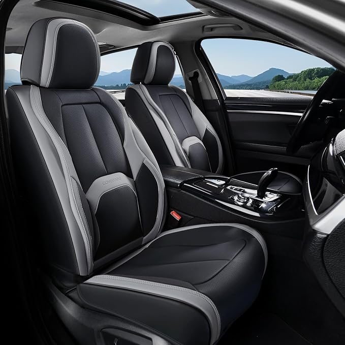 Coverado Seat Covers, Premium Nappa Leather Car Seat Covers Front Seats, Waterproof Car Seat Protector with Lumbar Support, Front Driver Seat Covers Universal Fit for Most Cars (Black&Gray) by COVERADOAUTO