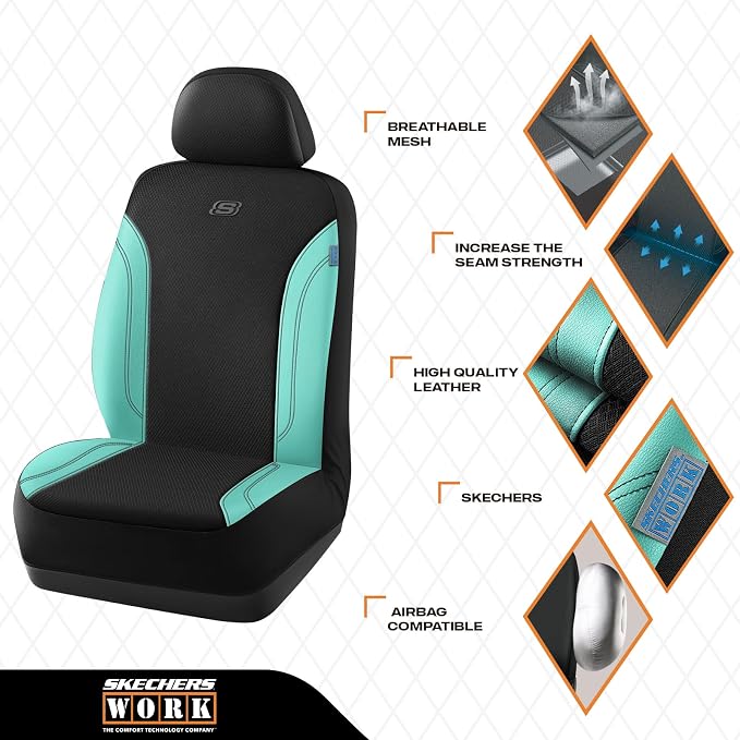 Skechers Work Seat Covers, Leather Car Seat Covers 5-Times Stronger Built-in Webbing, Oxford Fabric Front Seat Cover, Airbag Compatible, Automotive Comfort for Cars, Trucks, SUVs,Mint - Image 3