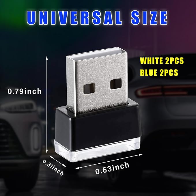 Augeny 4 PCS USB LED Car Interior Atmosphere Lamp, Plug-in USB Decor Night Light, Portable Auto Ambient Lighting Kit, Universal Vehicle Interior Accessories for Most Cars (White & Blue) - Image 2