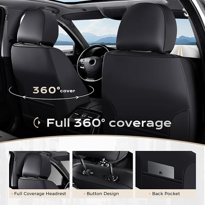 Coverado Car Seat Covers Full Set, Front Seat Covers with Lumbar Support and Back Seat Cover Waterproof Leather Automotive Seat Cover, Universal Car Interior Protectors Cushion for Most Cars - Image 4