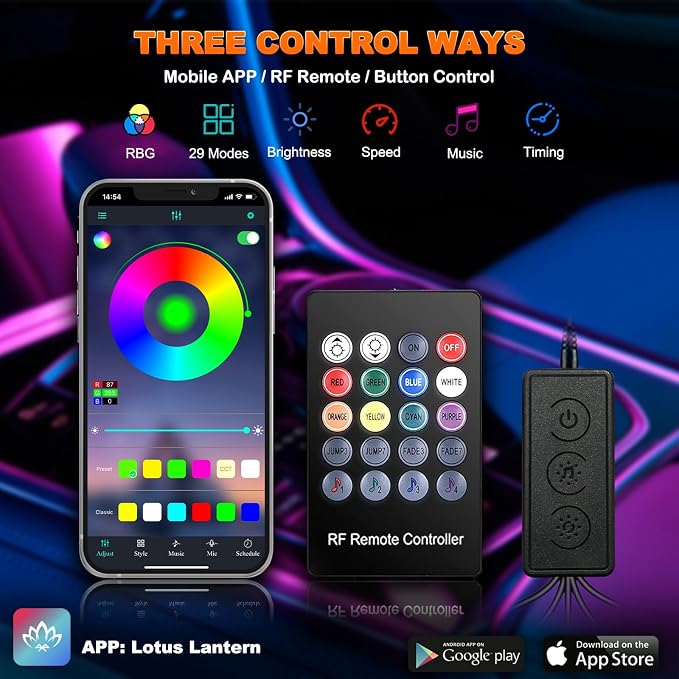 Jushope Car LED Lights, Interior Car Lights with Wireless APP/RF Remote/Button Control, Car Ambient Lighting Kit with 315" Integrated Molding Fiber Optic RGB Sync to Music (6 in 1-USB) - Image 3