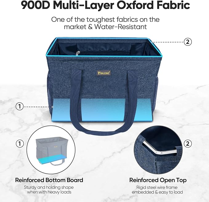 BALEINE Extra Large Utility Tote Bag with Reinforced Wire Frame, Reusable Grocery Bag for Shopping, Picnic (Blue, 16.5''x14''x10'') - Image 3