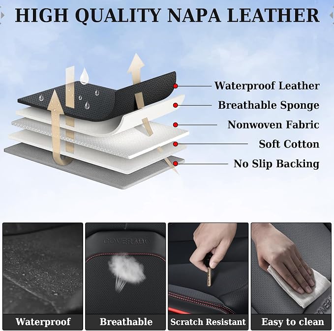 Coverado Car Seat Covers Full Set, Premium Nappa Leather Seat Covers for Car, Waterproof Car Seat Protector with Lumbar Support, Car Seat Cover Universal Fit for Most Cars SUV Truck(Black&Red) - Image 8