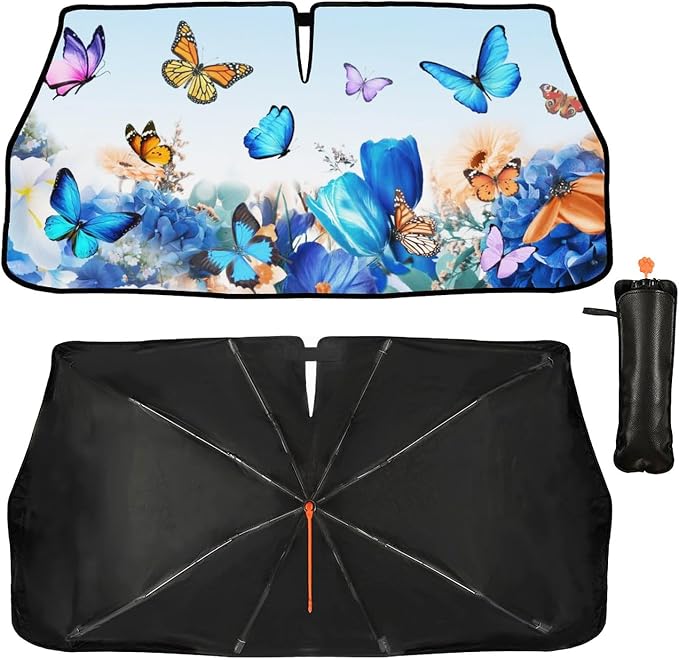 Butterfly Print Car Sunshade Umbrella Floral Windshield Sun Shade for Car Retractable Umbrella Sunshades for Front Window Butterflies Sun Shades Cover Visor Portector Block UV Rays by Unknown