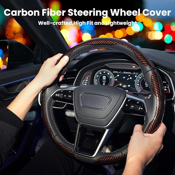 Hiseanllo Carbon Fiber Steering Wheel Cover 3PCS Set – Anti-Slip, Scratch-Resistant, Universal Fit for 14–16 Inch Wheels – Interior Car Accessories for Cars, SUVs, Trucks (Brown) - Image 2